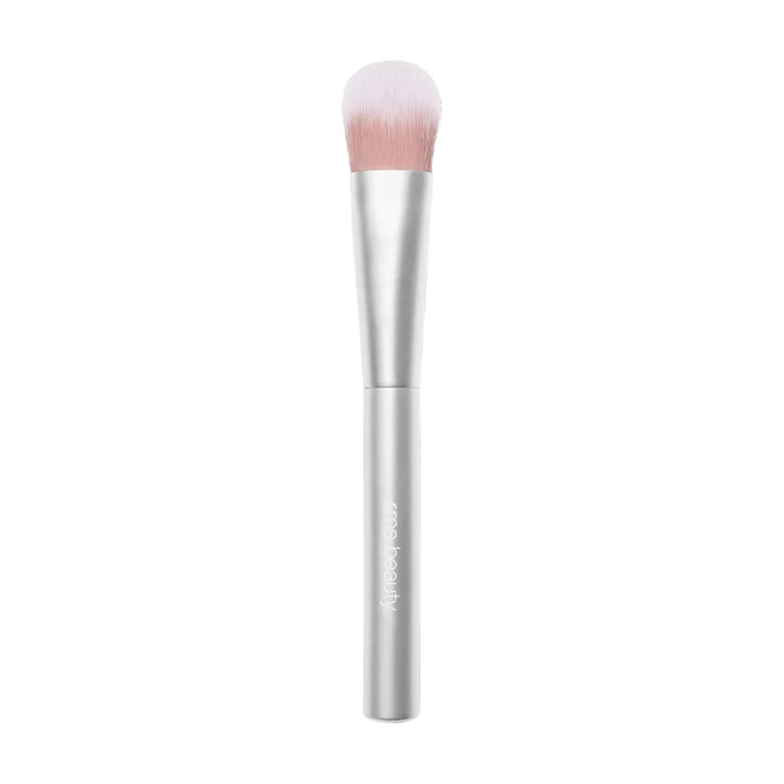 Makeup brush with soft pink bristles and a silver metal handle
