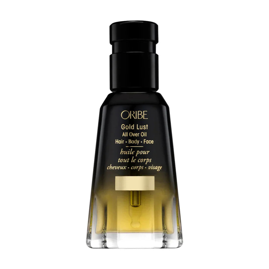 Oribe Gold Lust all over oil bottle with black cap, golden liquid