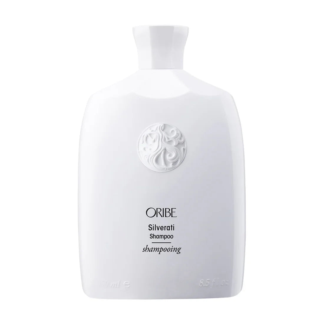 ORIBE Silverati shampoo bottle, white plastic with label and silver logo