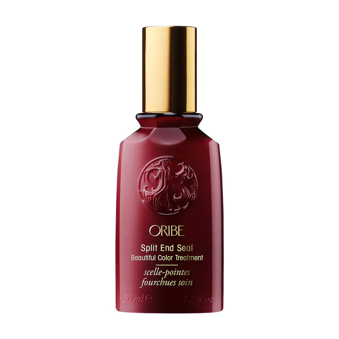 Oribe Split End Seal serum bottle, burgundy glass with gold pump cap