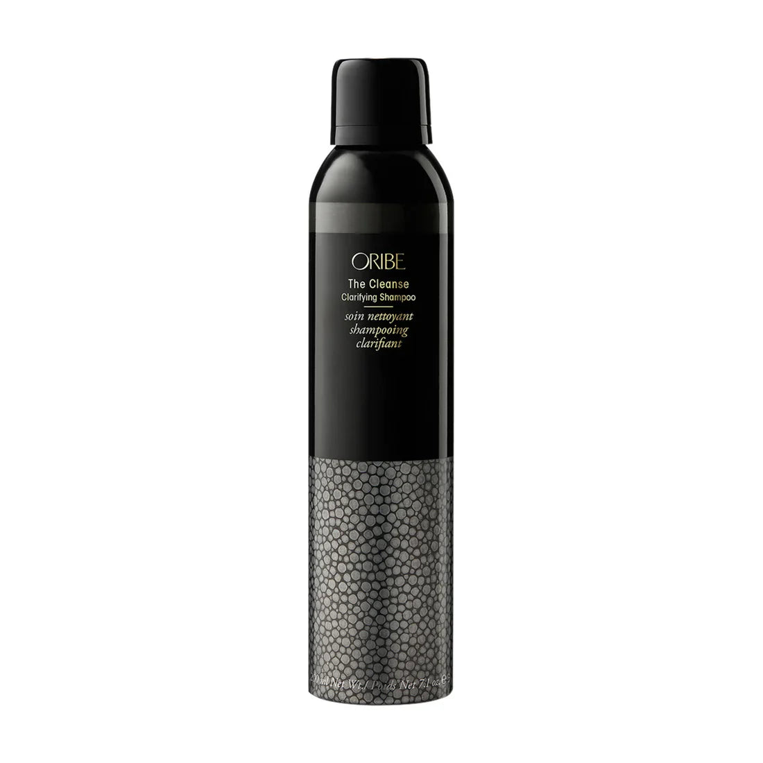 Oribe clarifying shampoo bottle, black with patterned label and black cap