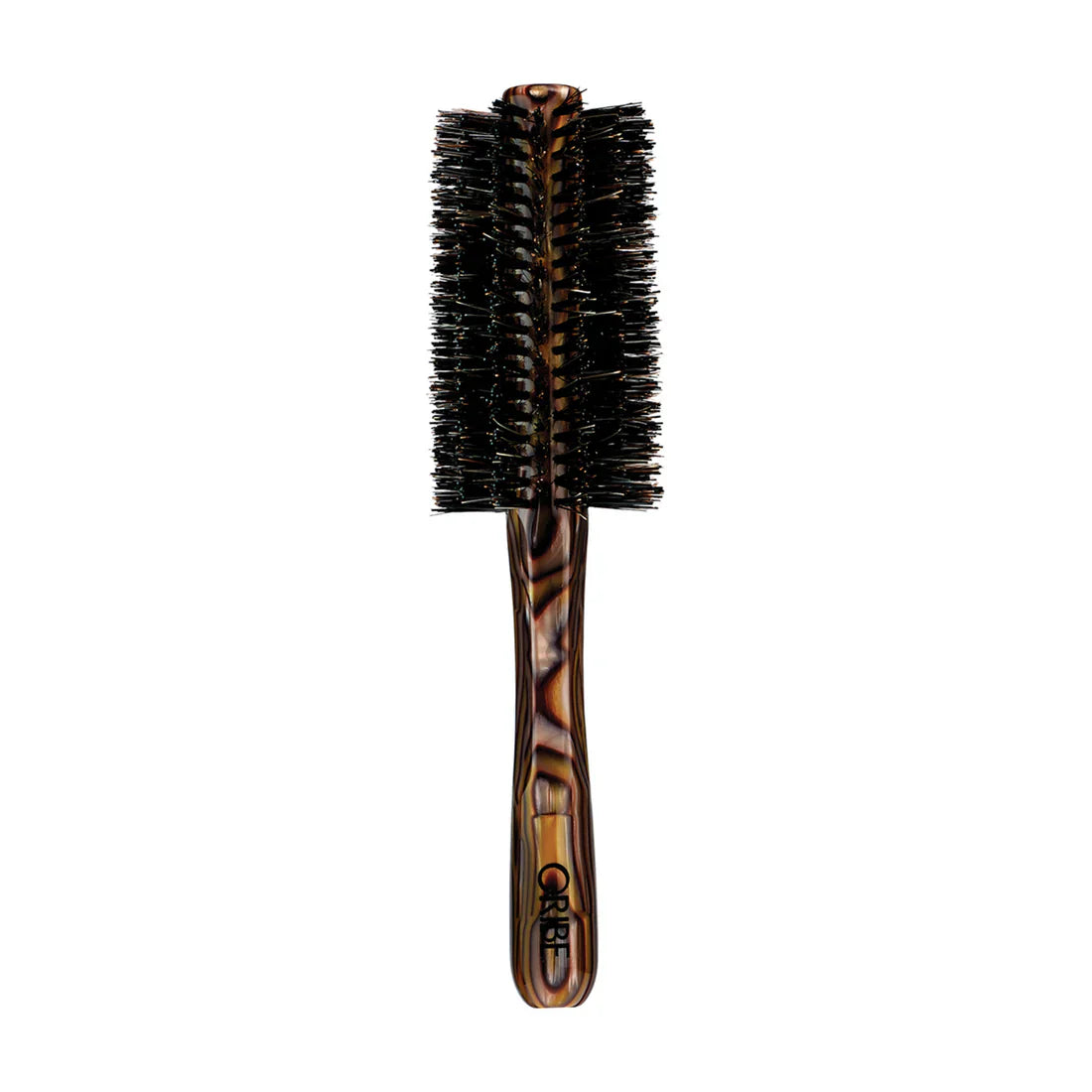 Medium round hair brush with black bristles and brown translucent handle