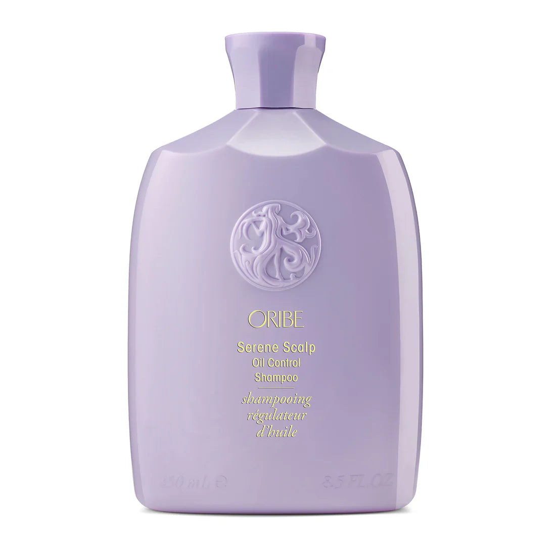 Oribe Serene Scalp Oil Control Shampoo bottle, purple translucent plastic.