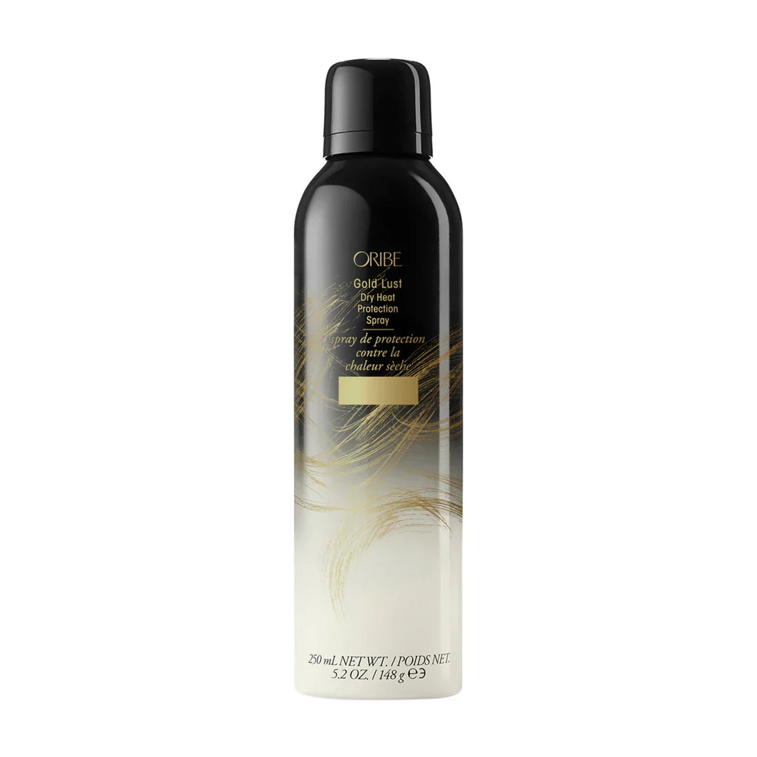 Oribe Gold Lust dry heat protection spray bottle, 5.2 oz, black and gold label