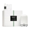 White misting diffuser set with bottle and patterned box, Wild Mint & Eucalyptus