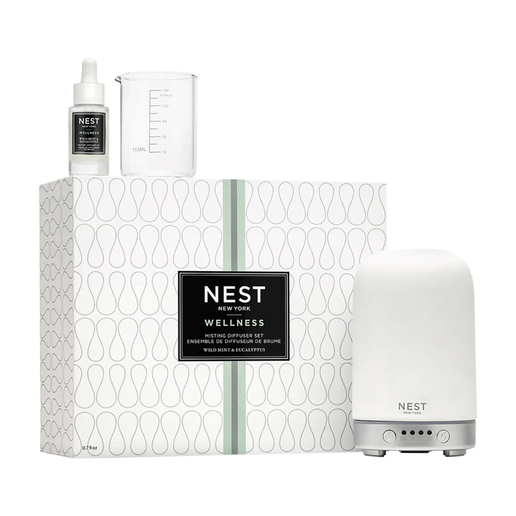 White misting diffuser set with bottle and patterned box, Wild Mint & Eucalyptus