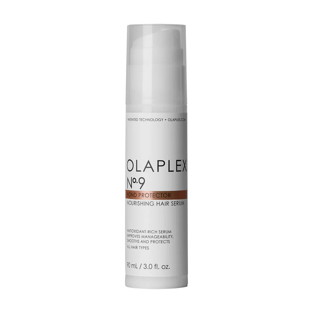 Olaplex No.9 nourishing hair serum bottle, 3 oz, white pump container