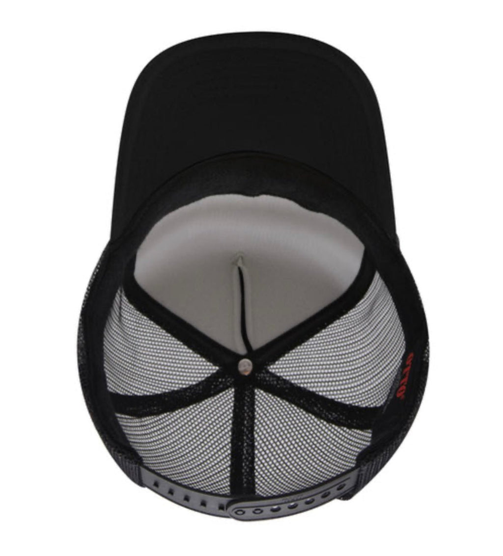 Mesh trucker cap with black crown and brim underside; ventilation panels and center seam.