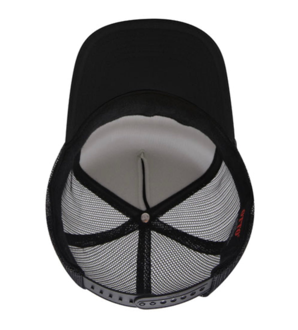 Mesh trucker cap with black crown and brim underside; ventilation panels and center seam.