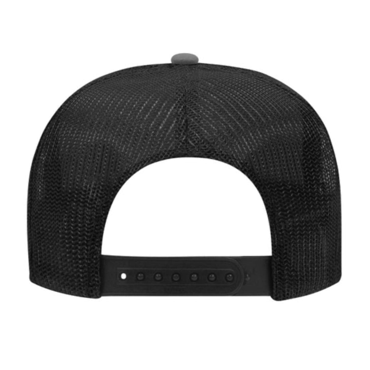 Black mesh back trucker cap with adjustable snap strap and curved brim.