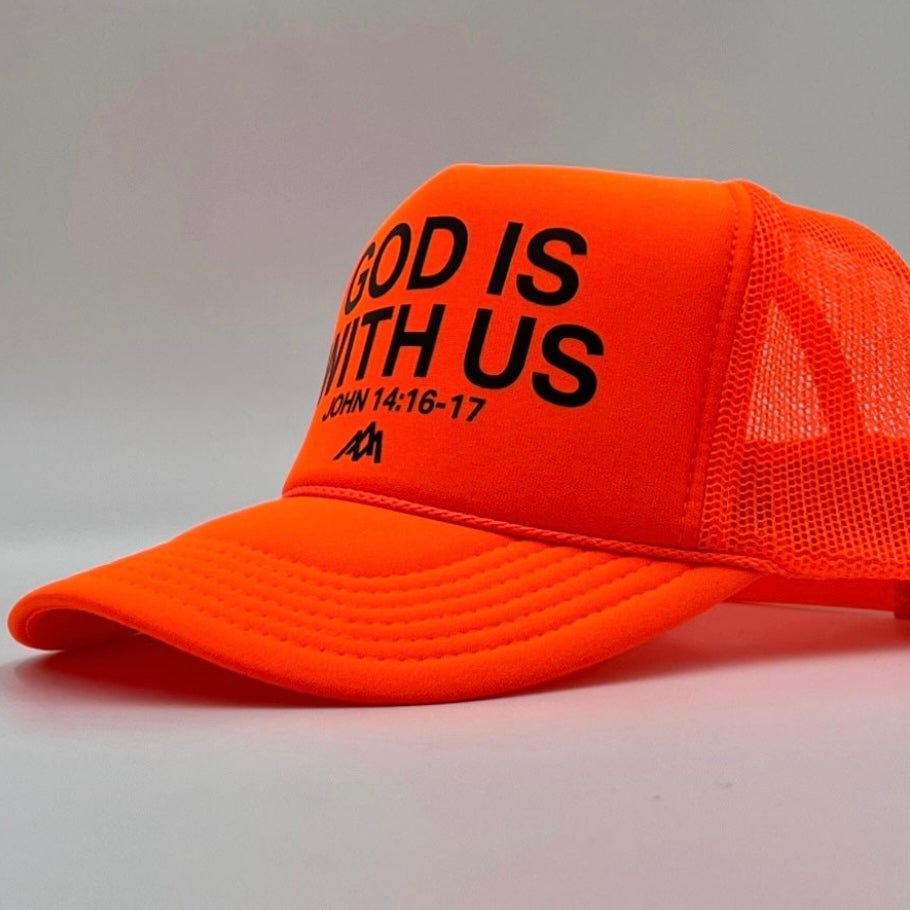 Neon orange foam trucker cap with 'GOD IS WITH US' front print and mesh side