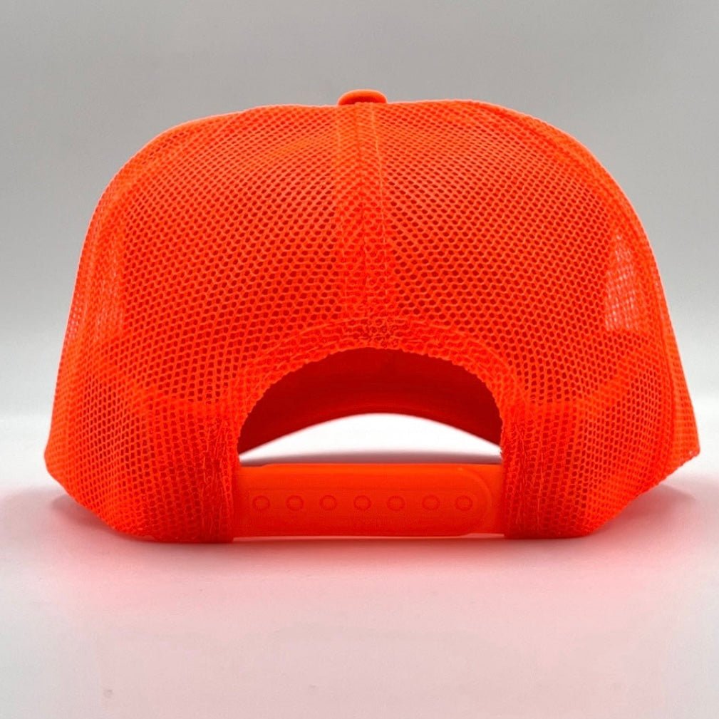Neon orange foam trucker cap with open mesh back and curved brim