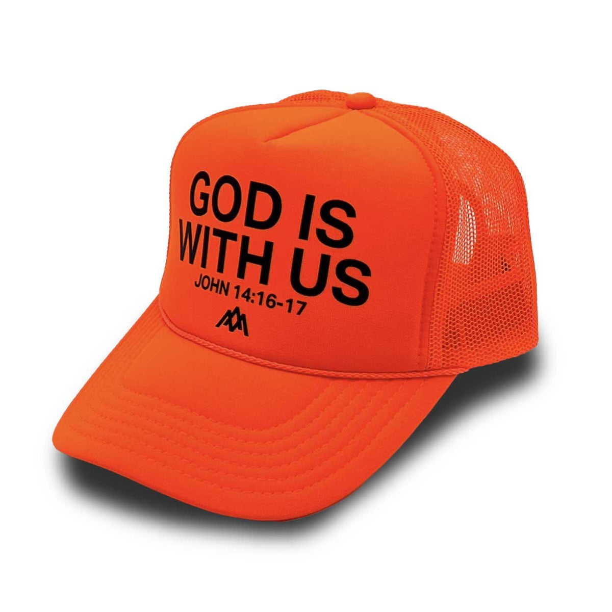 Neon orange foam trucker cap with 'GOD IS WITH US' text and mesh back