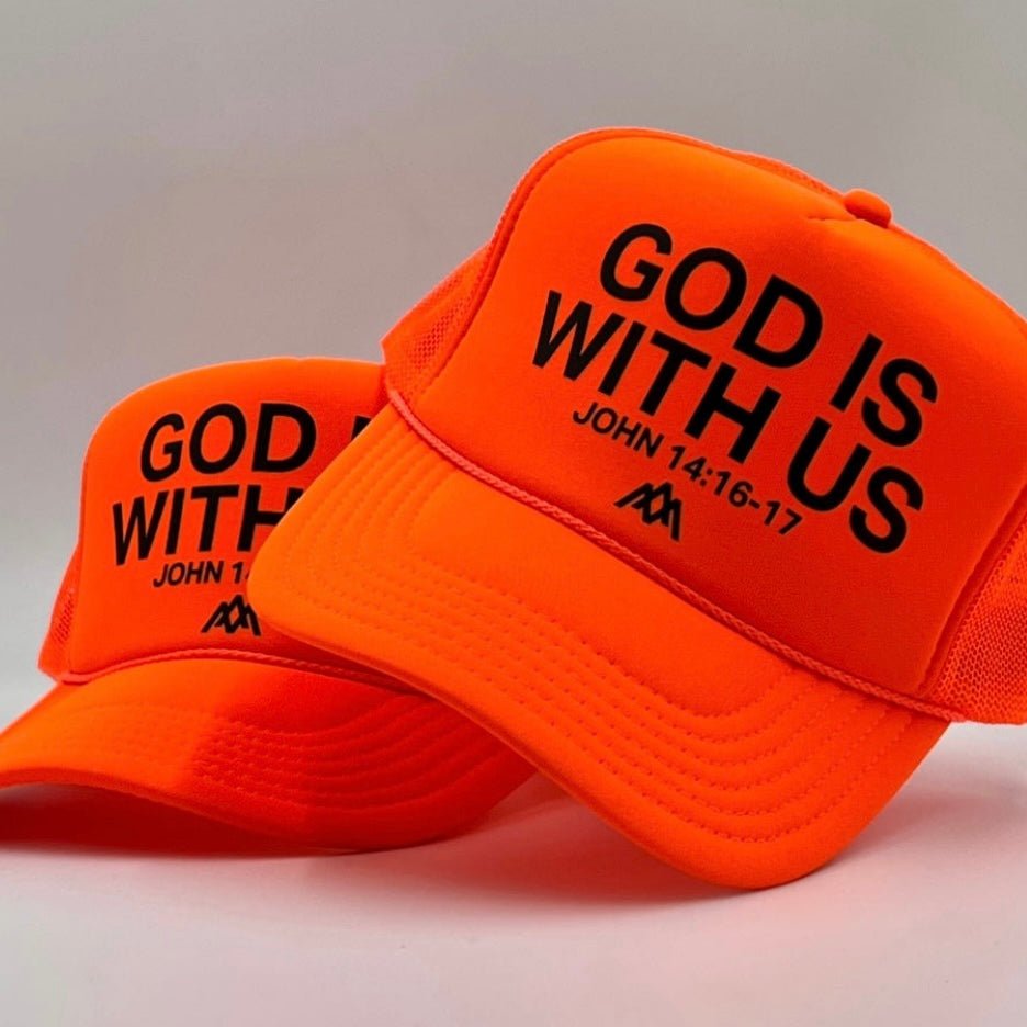 Neon orange foam trucker cap with 'GOD IS WITH US' front text, close-up