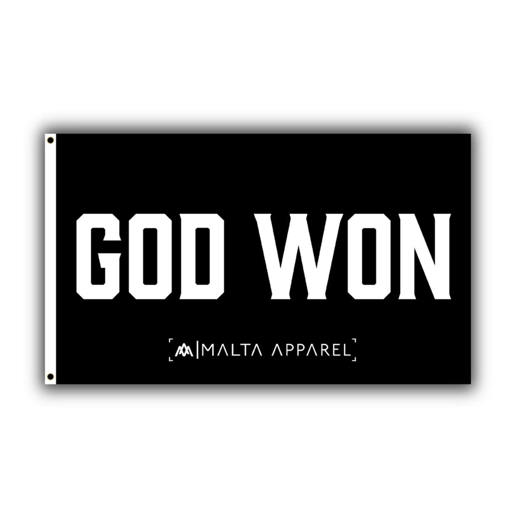 Black flag with bold white 'GOD WON' text and Malta Apparel logo