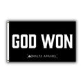 Black flag with bold white 'GOD WON' text and Malta Apparel logo