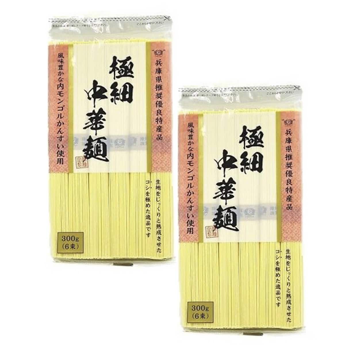 Thin Japanese-style noodle packs, 300 g each, two sealed packages with pale-yellow noodles