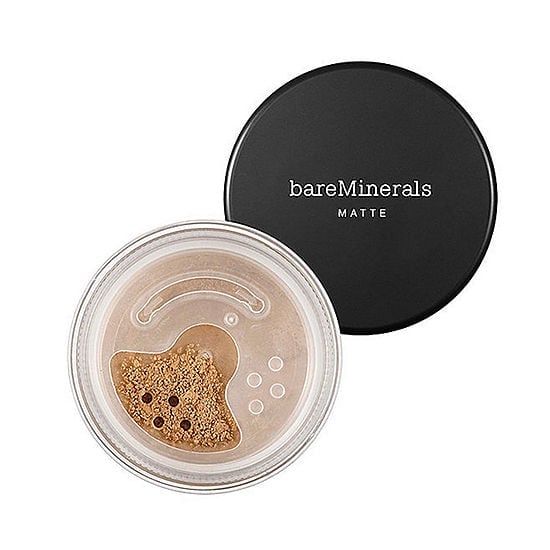 Matte foundation compact with black lid and open jar showing medium tan powder