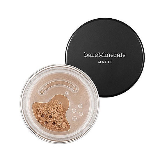 bareMinerals matte foundation compact with open clear pan and light brown powder.