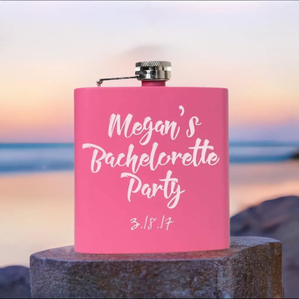 Pink metal flask with screw cap and 'Megan's Bachelorette Party' text, 3.18.17