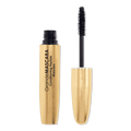 Mascara tube with black wand applicator, gold packaging, capped and open view