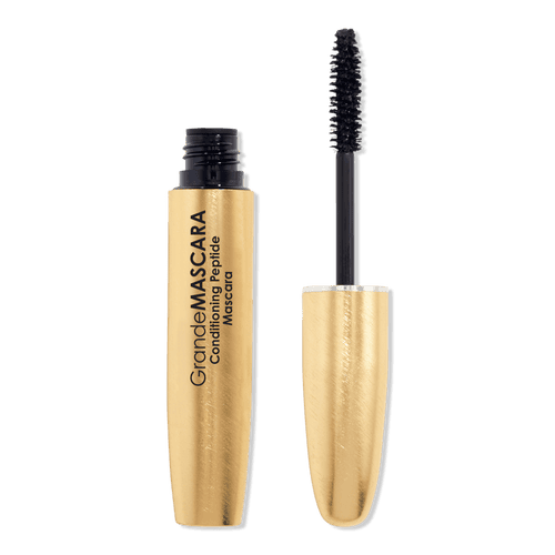 Mascara tube with black wand applicator, gold packaging, capped and open view
