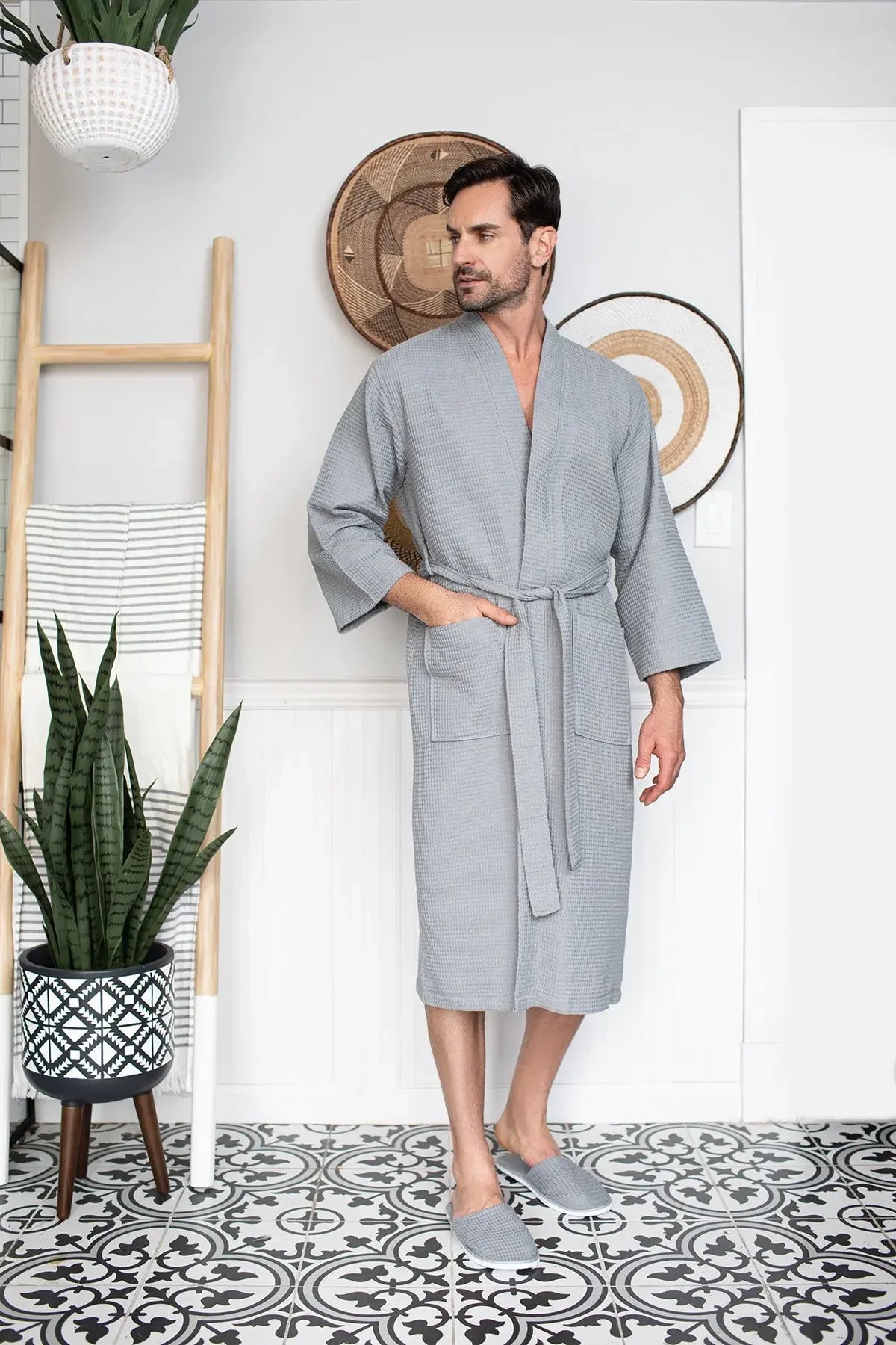 Men's waffle spa bathrobe, light gray V-neck with belt tie, mid-calf length