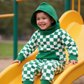Green and white checker hooded jogger set with kangaroo pocket and cuffed pants