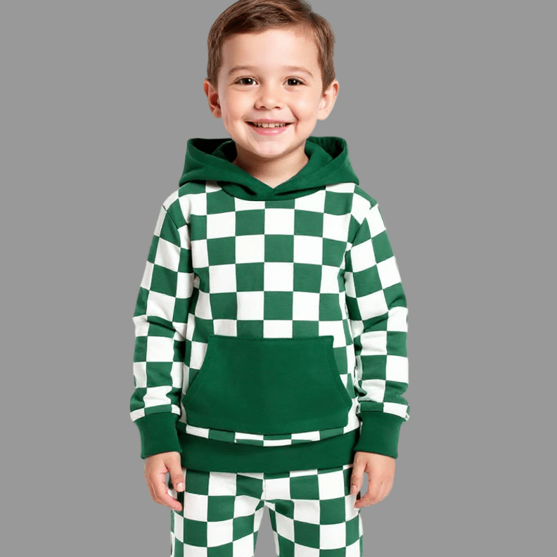 Green and white checker hooded sweatshirt and jogger set with kangaroo pocket