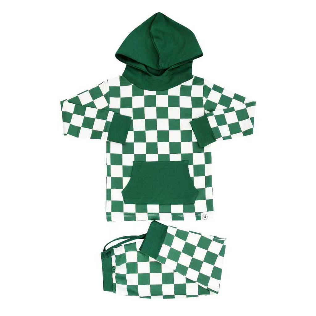 Green hooded checker sweatshirt and jogger pants set with front pocket