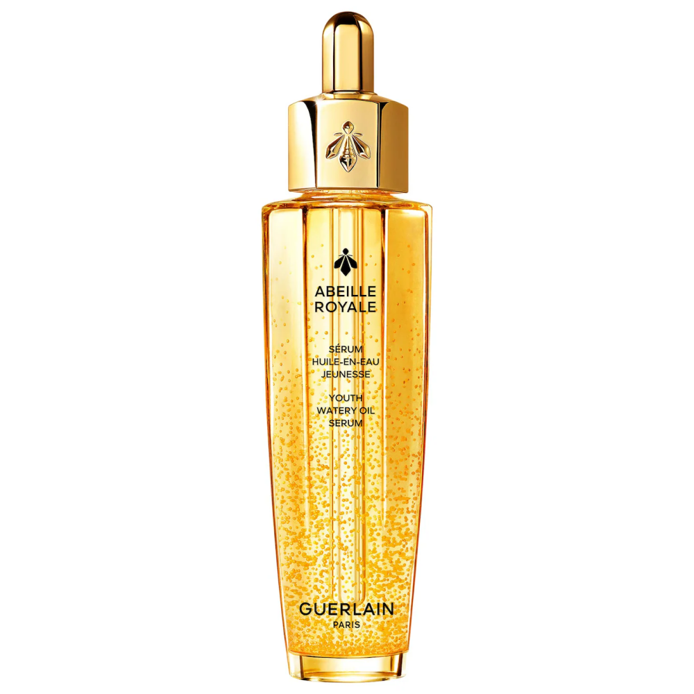 Guerlain Youth Watery Oil Serum bottle, amber glass, gold dropper cap