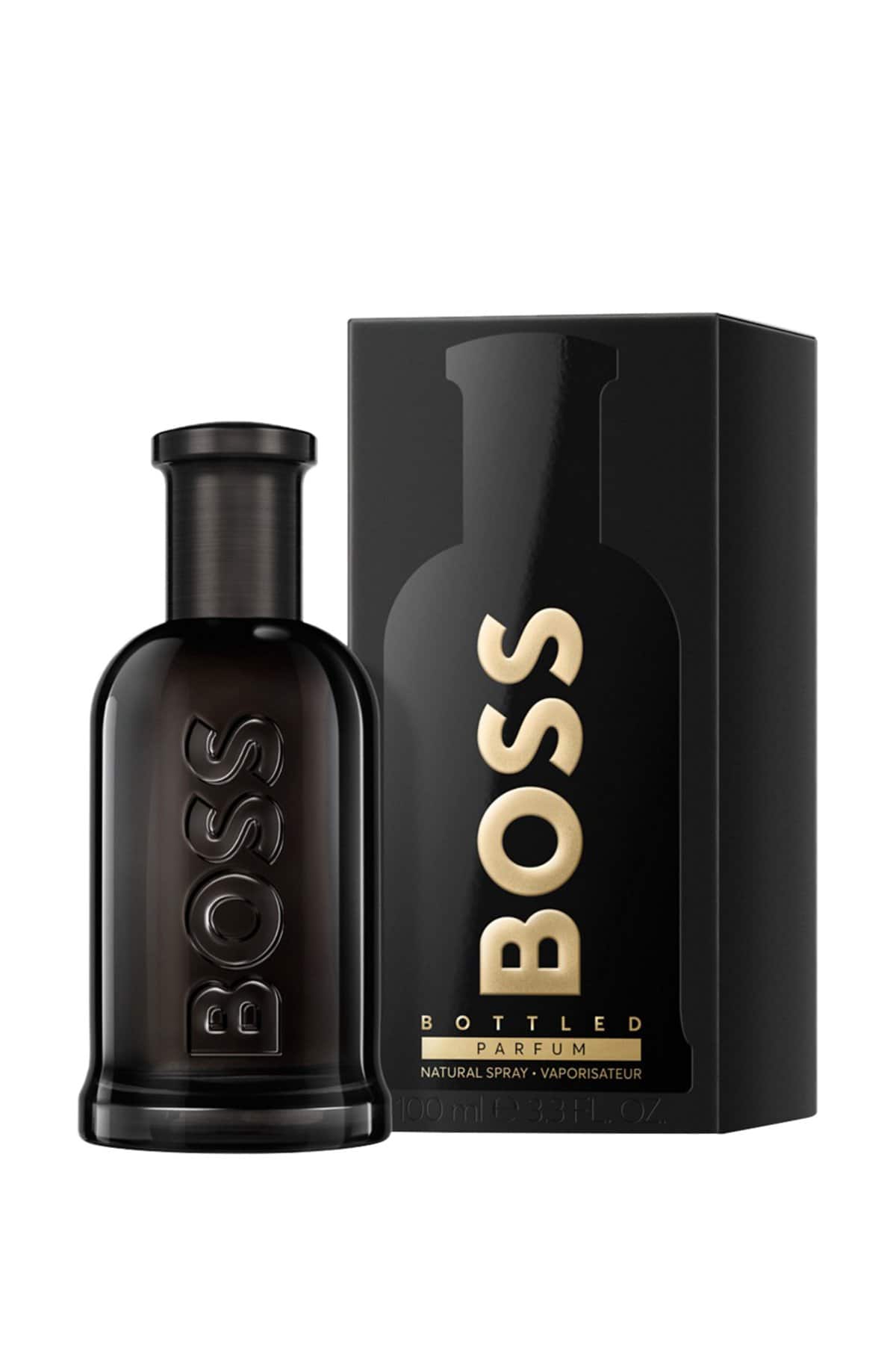 Hugo Boss BOSS parfum: black bottle with gold label and matching box