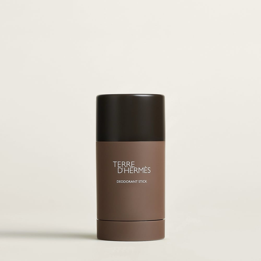 Hermes deodorant stick with brown tube and black cap, Terre d'Hermes label