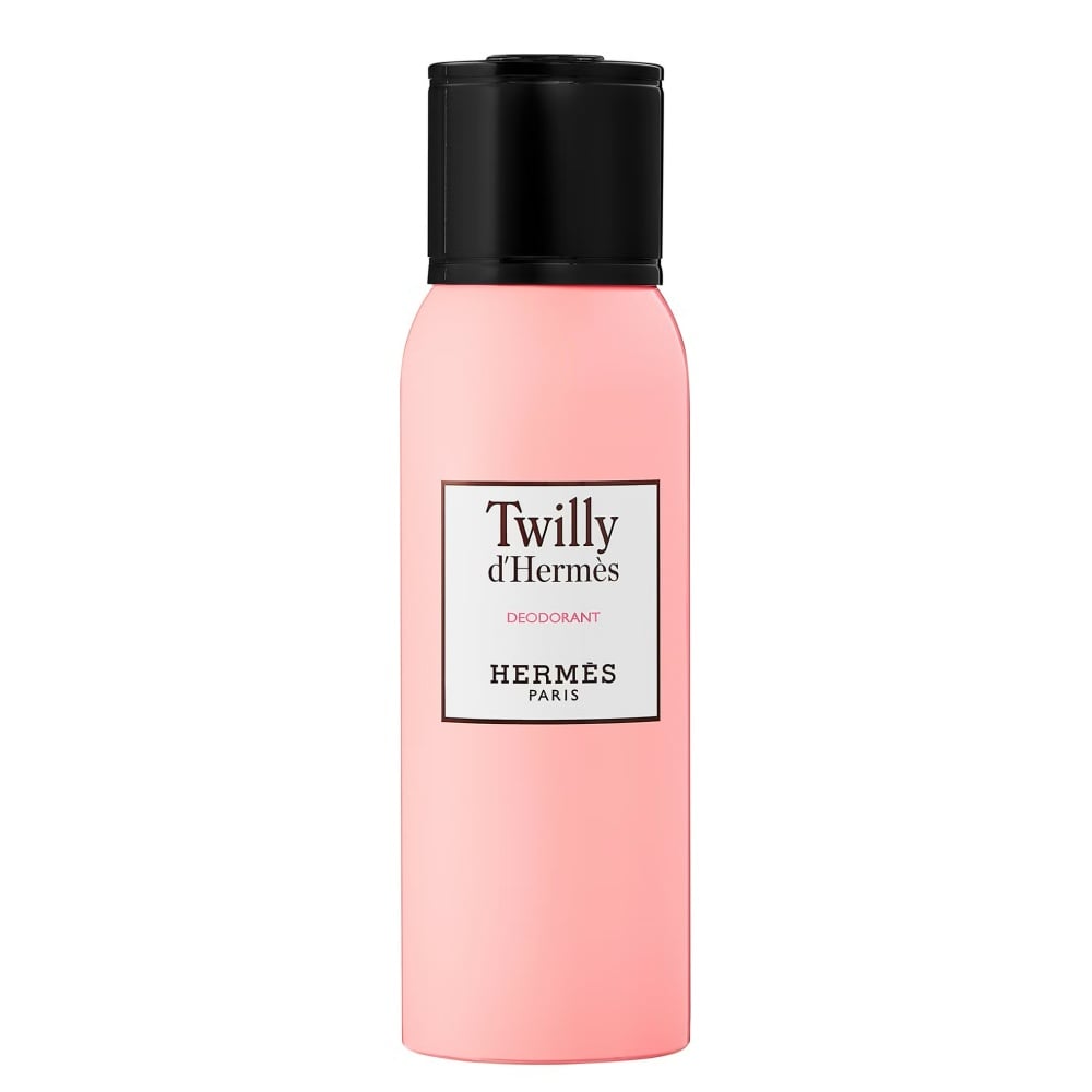 Twilly d'Hermes deodorant spray bottle, pink with black cap and logo label