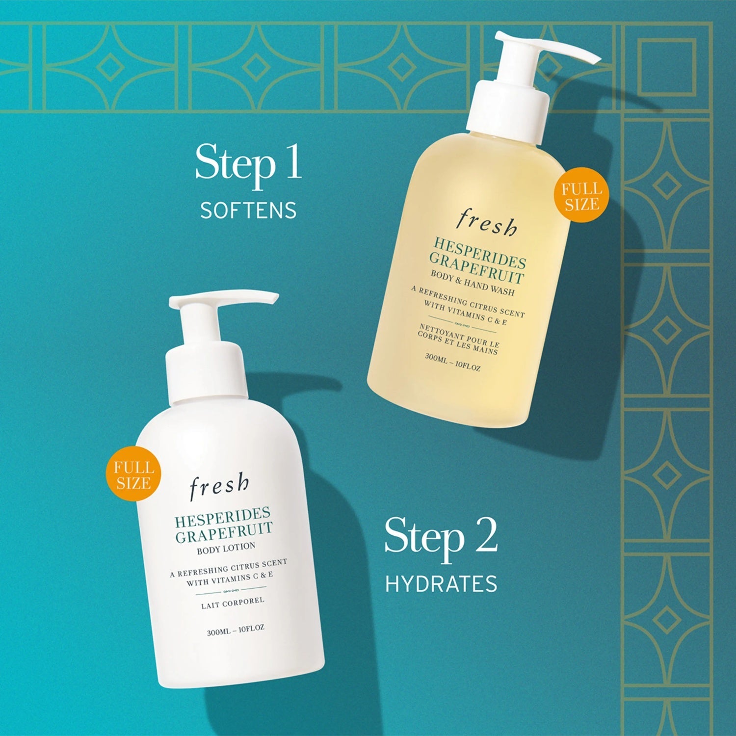 Two Hesperides Grapefruit body wash and body lotion pump bottles