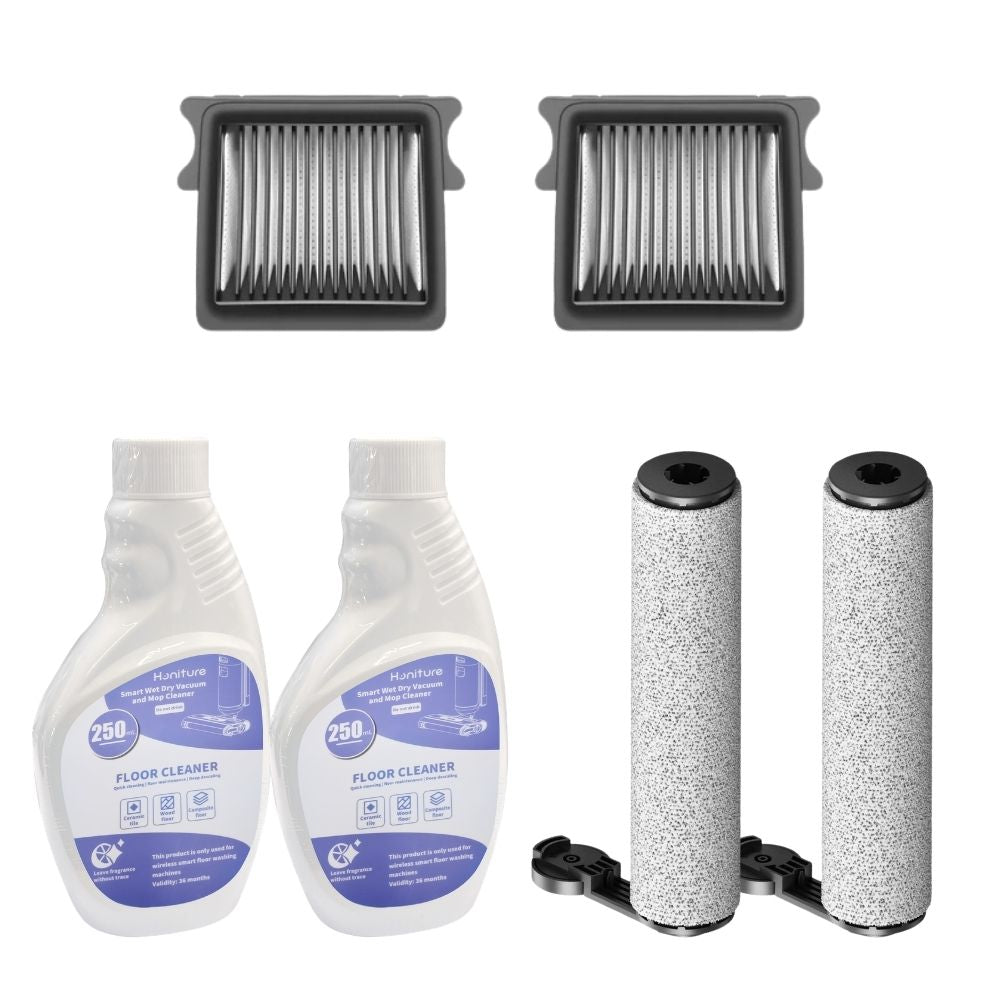 Honiture M7 accessory kit: 2 floor cleaner bottles, 2 cylindrical filters, 2 grilles