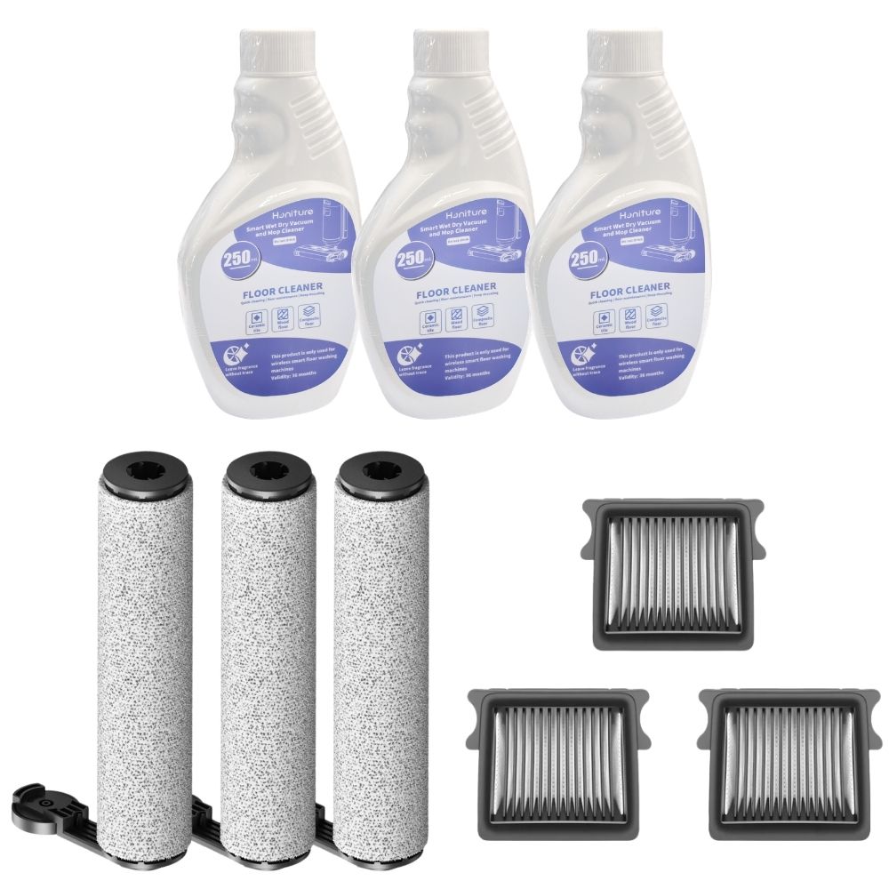 Honiture M7 accessory kit: 3 floor cleaner bottles, 3 cylindrical filters, 3 grilles