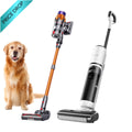 Pet cleaning bundle: stick vacuum with orange wand and floor brush