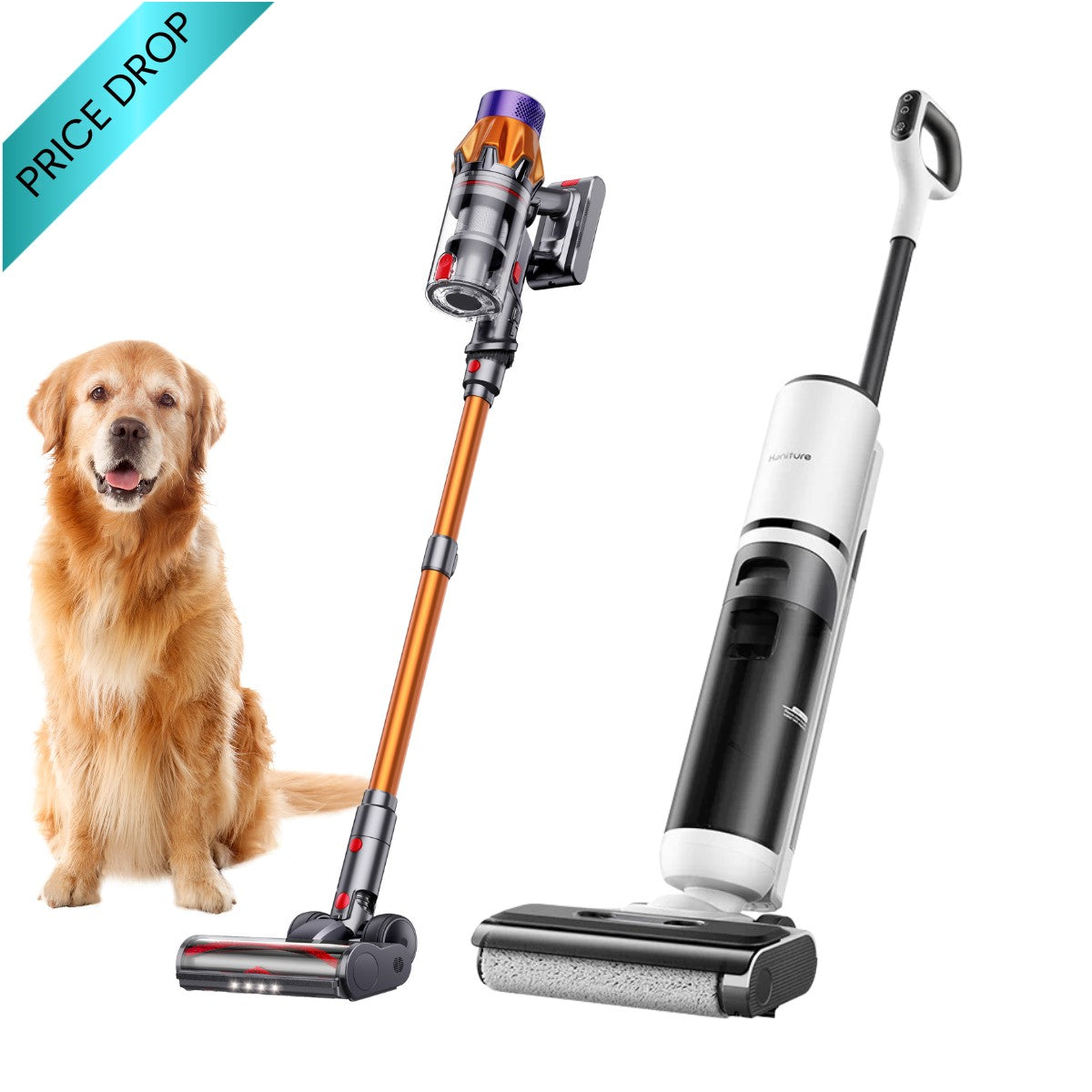 Pet cleaning bundle: stick vacuum with orange wand and floor brush