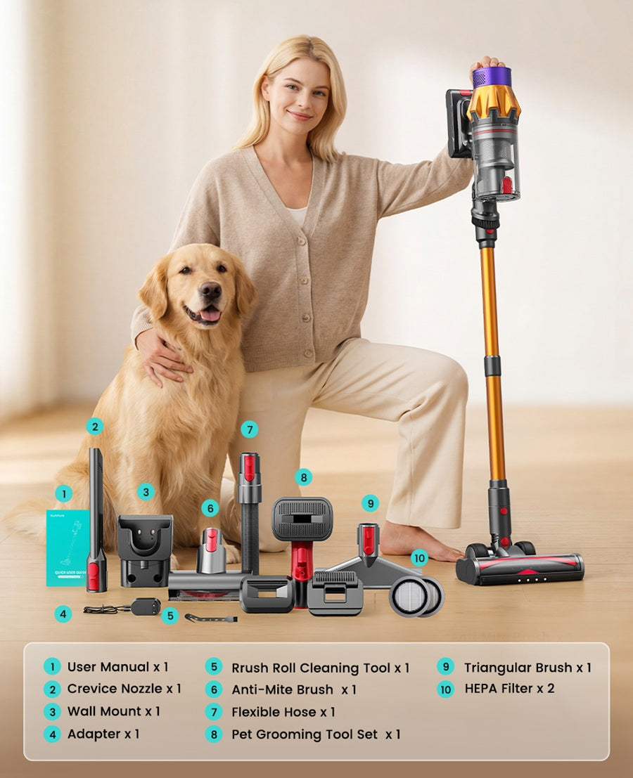 Pet vacuum cleaner with upright stick handle, brush head, and attachment tools.