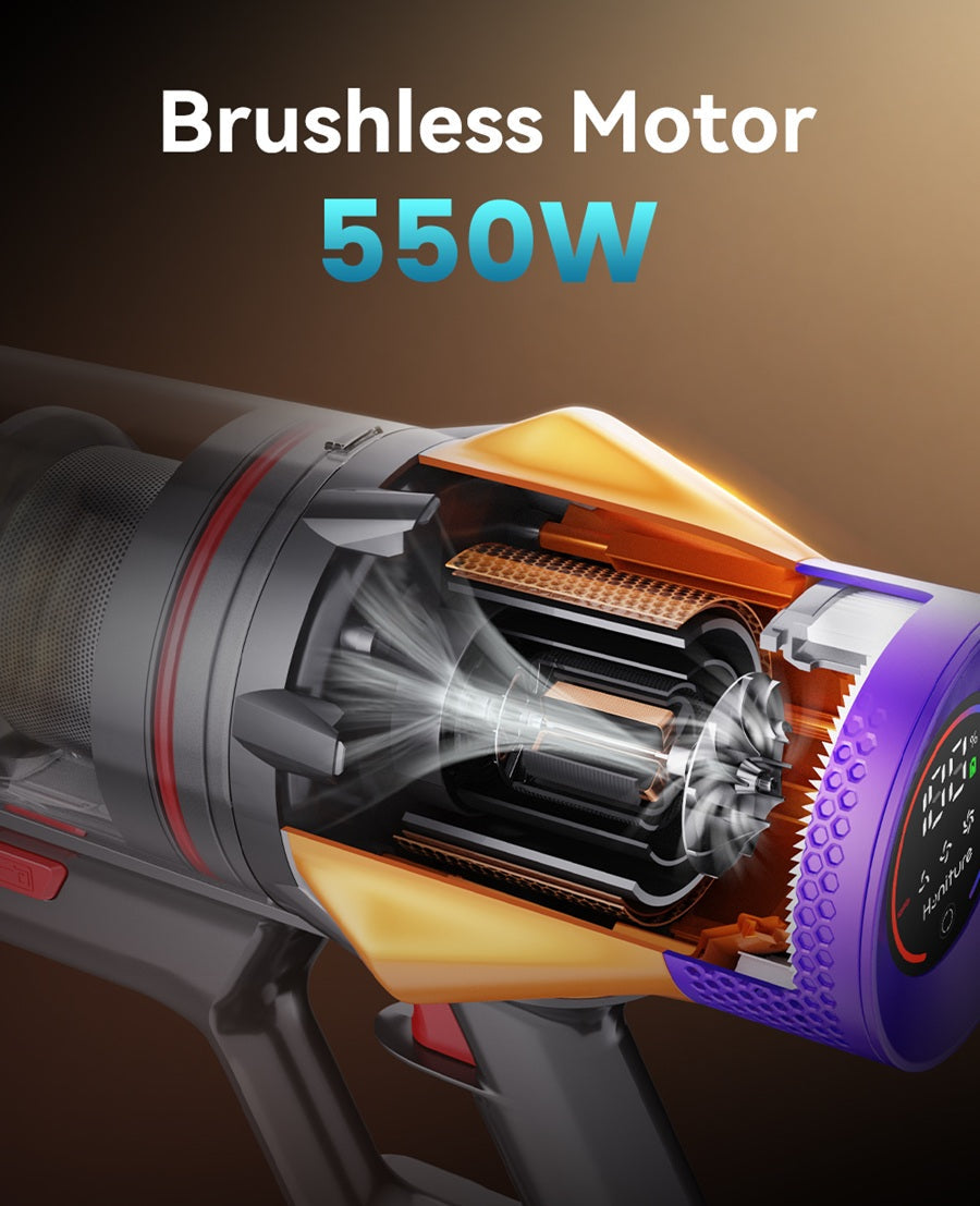 Cordless vacuum motor section with purple housing and glowing airflow through cyclone