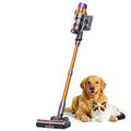 Cordless pet vacuum cleaner with orange wand, purple cyclone canister, and floor brush