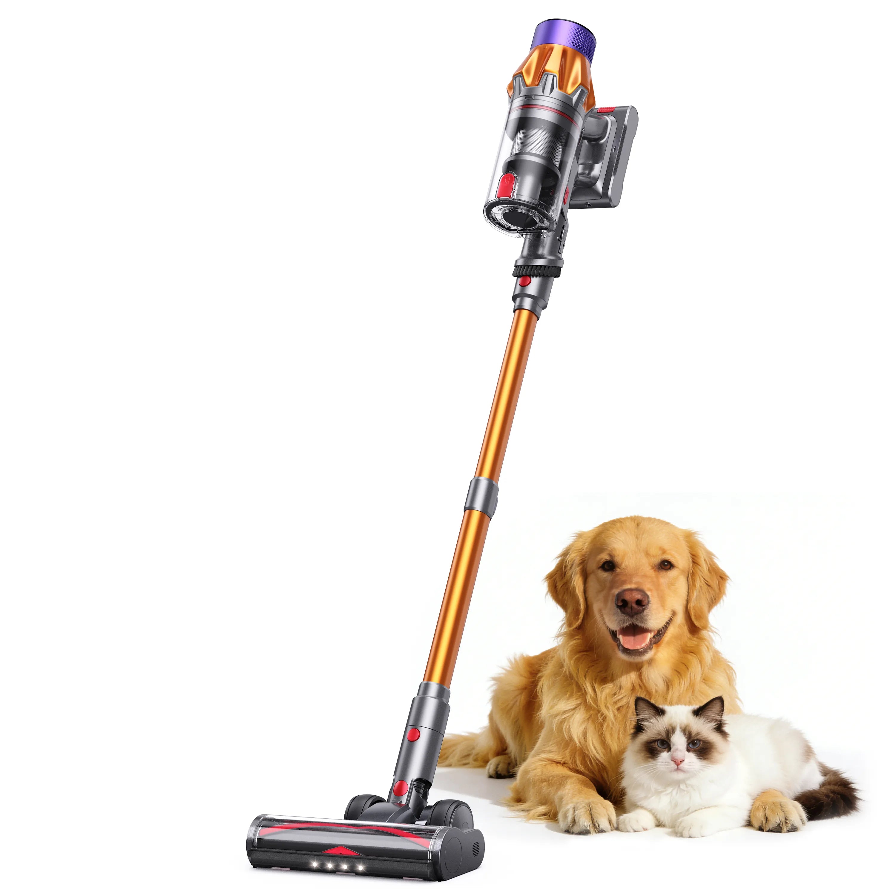 Cordless pet vacuum cleaner with orange wand, purple cyclone canister, and floor brush