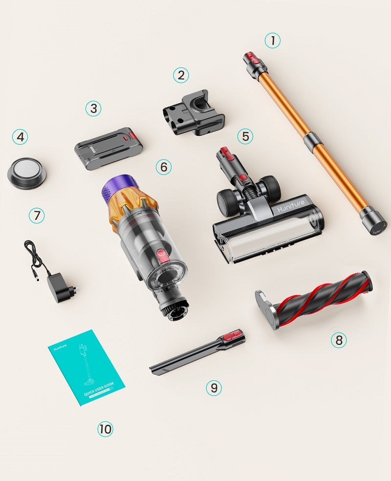 Cordless vacuum accessories set with brushes, filters, extra parts, and orange handle