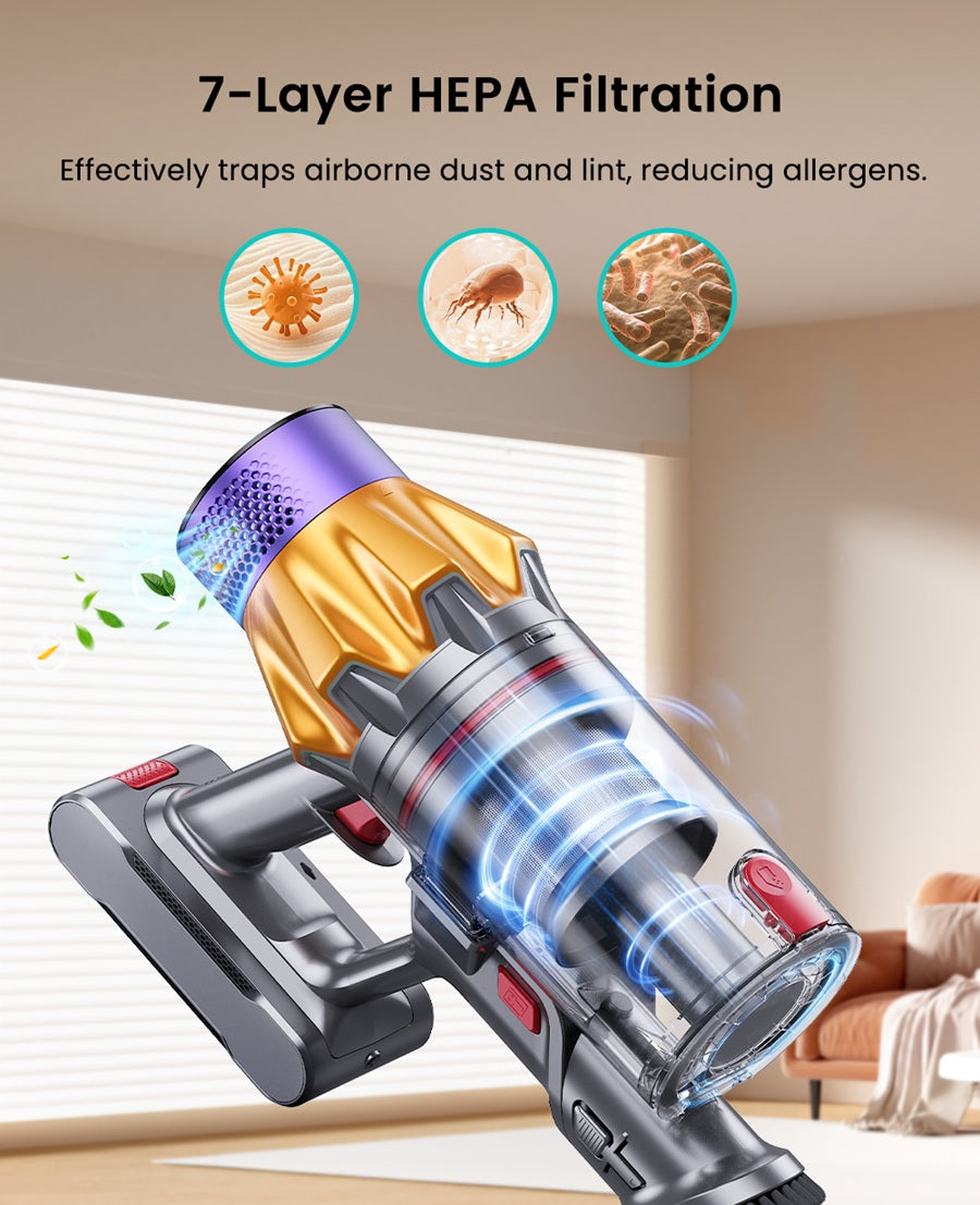 Cordless pet vacuum with purple and gold cyclone and floor brush, HEPA filtration design