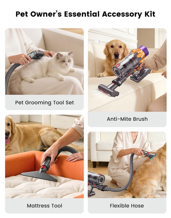 Pet vacuum accessory kit with grooming tool set, mattress tool, anti-mite brush, hose