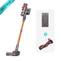 Cordless stick vacuum cleaner with floor brush and red accessory tool