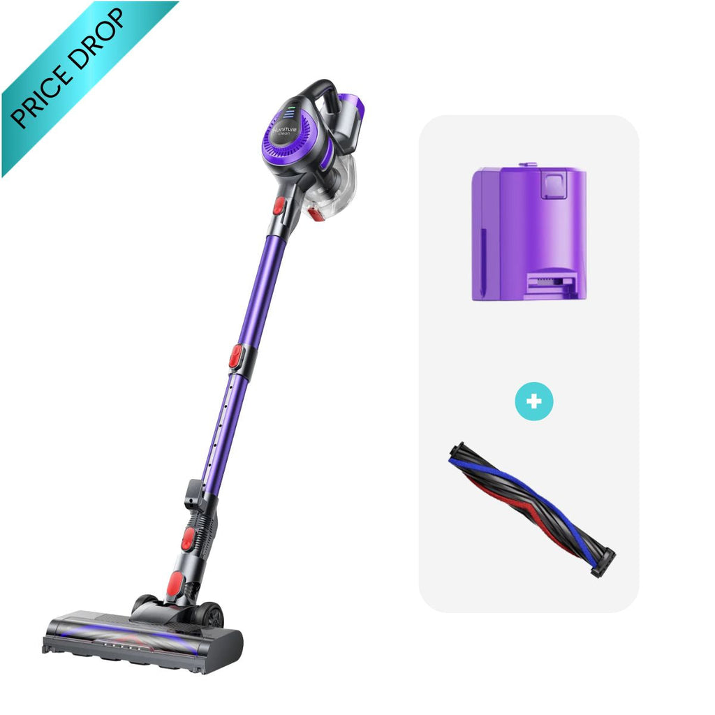 Cordless stick vacuum with motorized floor head, purple accents and dust canister.