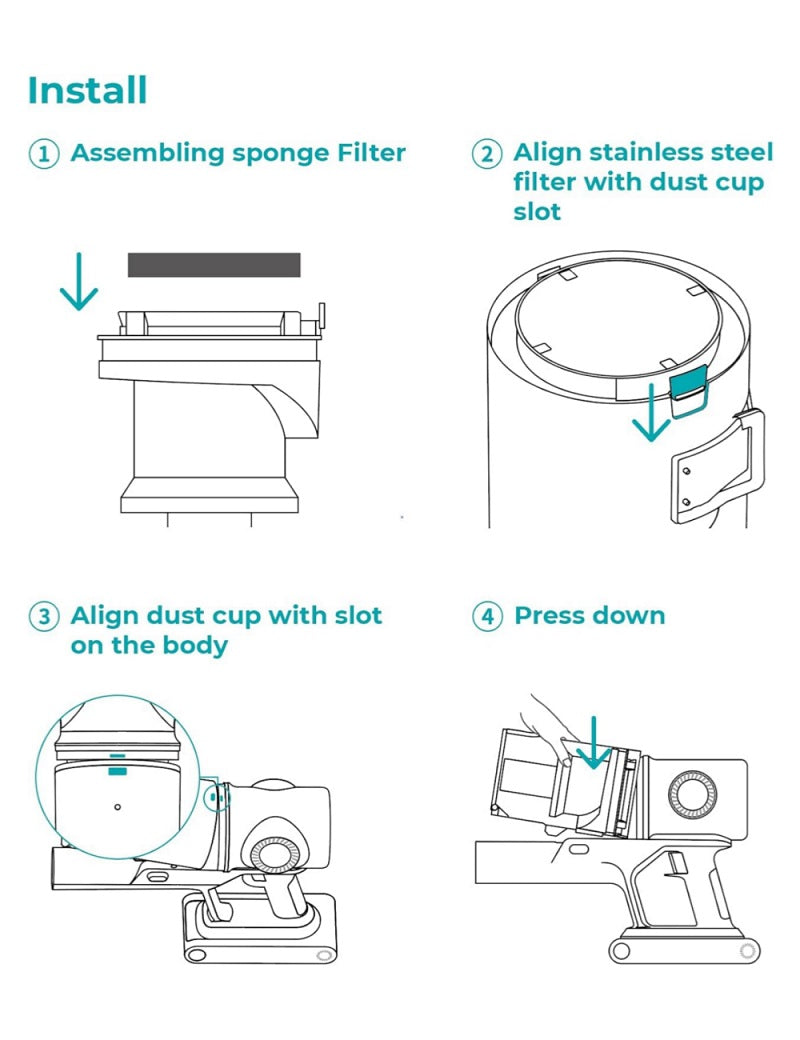 Cordless vacuum filter installation steps diagram for sponge and stainless steel filters