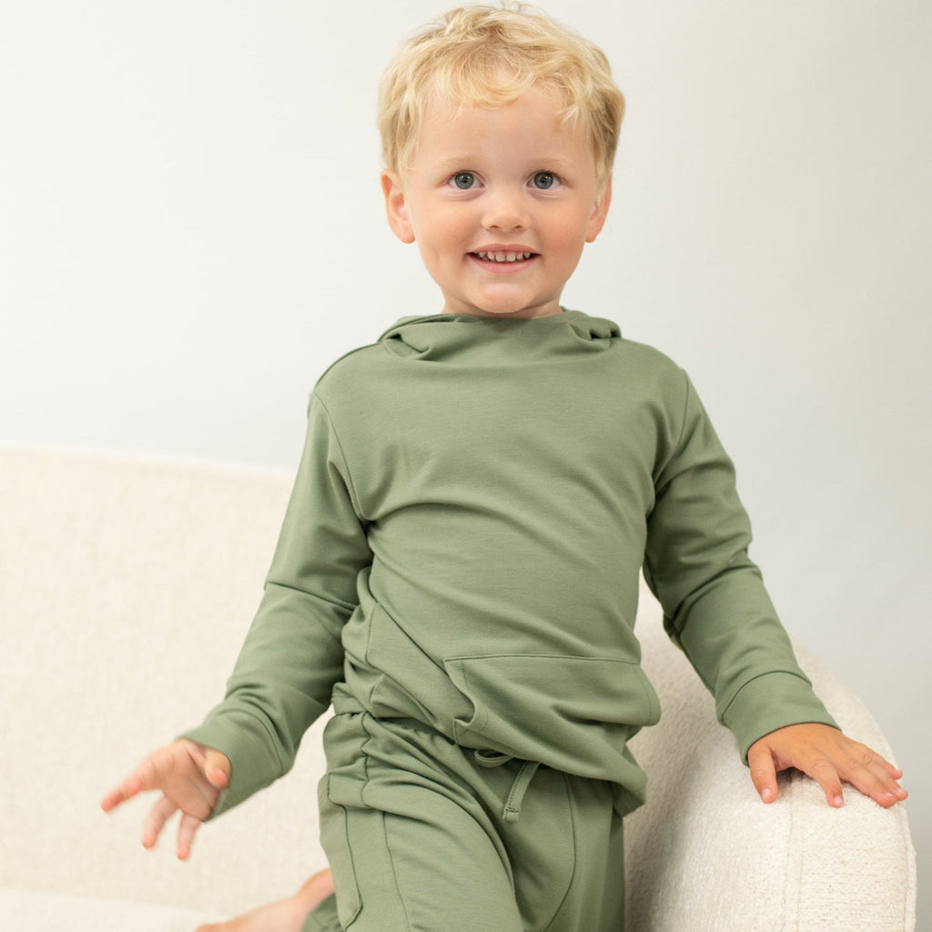 Kids' army green hooded jogger set, long-sleeve hoodie with hood and jogger pants